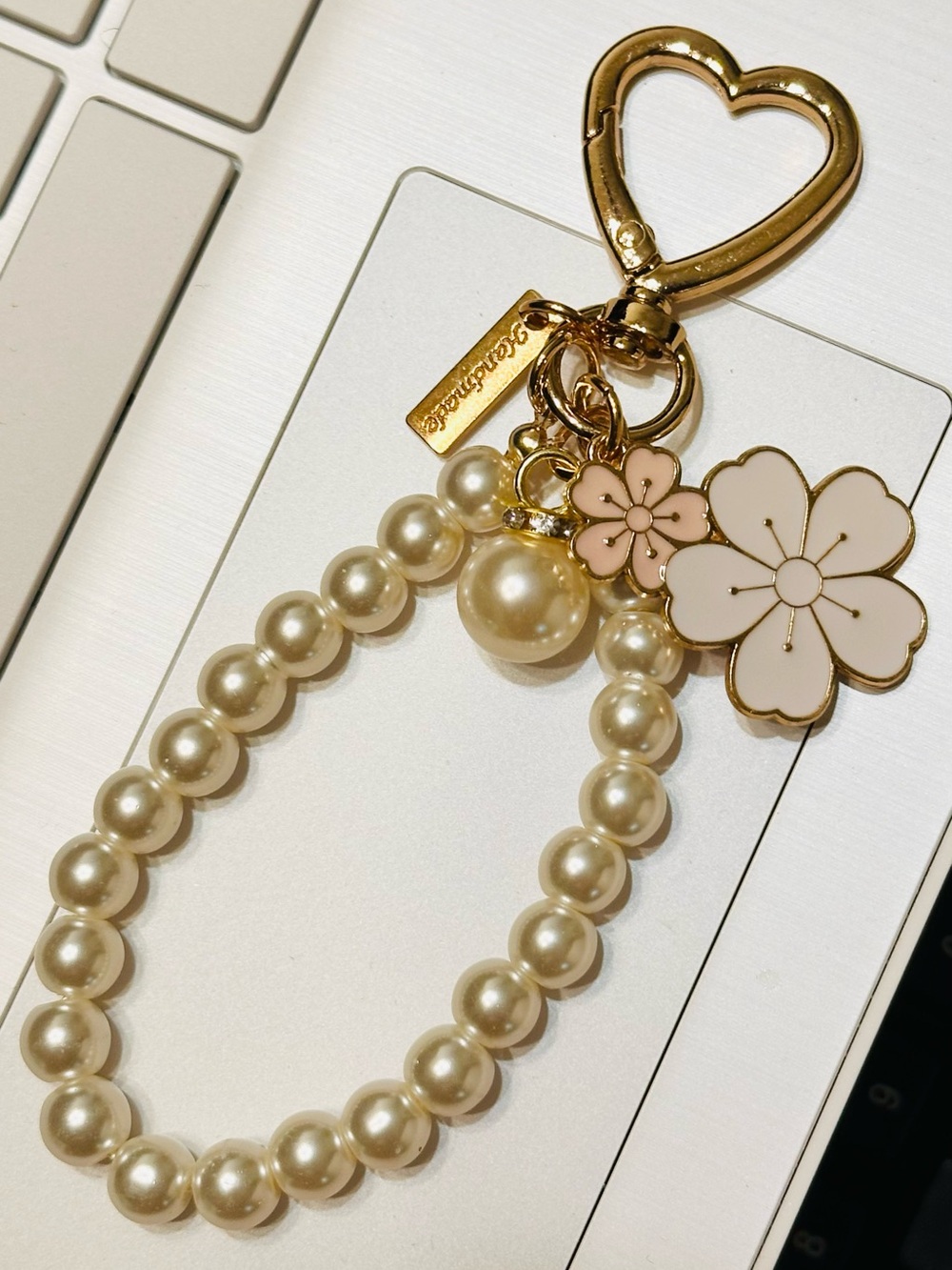 Pearl Key Ring with Pink / White Floral Charms - Gold Hardware